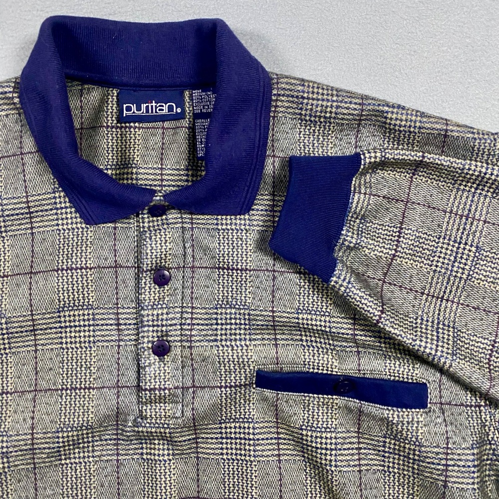 Puritan Mens Plaid Long Sleeve Polo Shirt Blue Tan Medium
